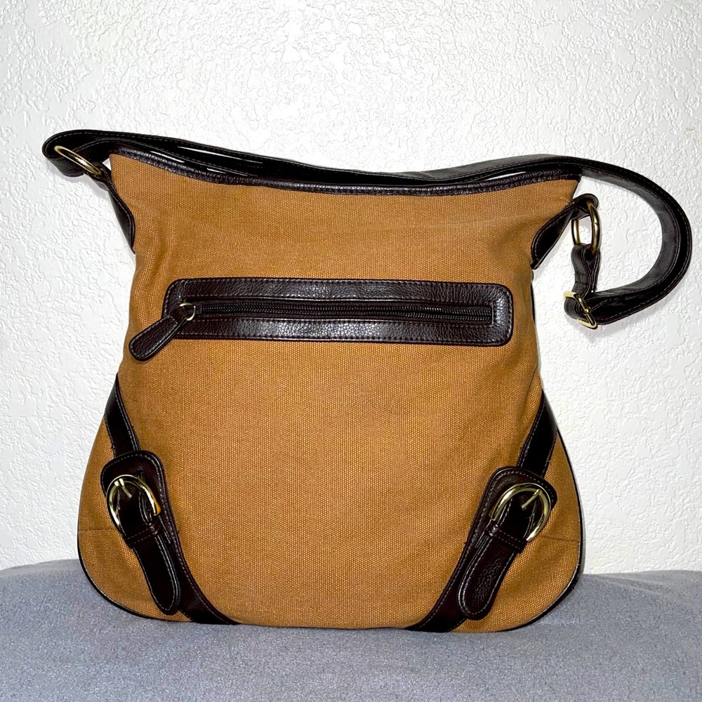 Medium Tan Canvas Croc Embossed Leather Bag